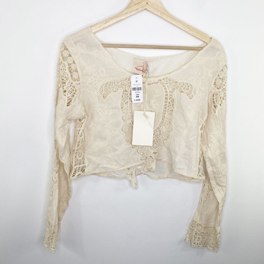 LF Nature Rose Cream Long Sleeve Woven Crop Top‎ Women's Size Small/Medium S/M